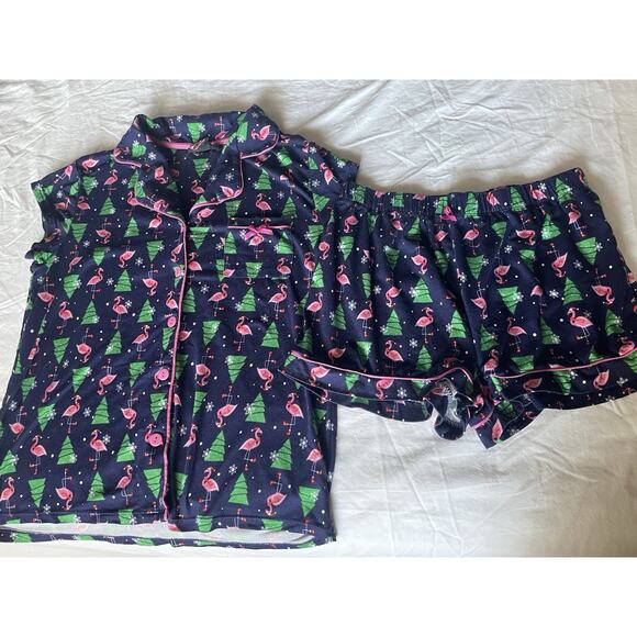 Navy Blue with Pink Flamingo Pajama Set Size Small Petite Sleepwear - Picture 1 of 9